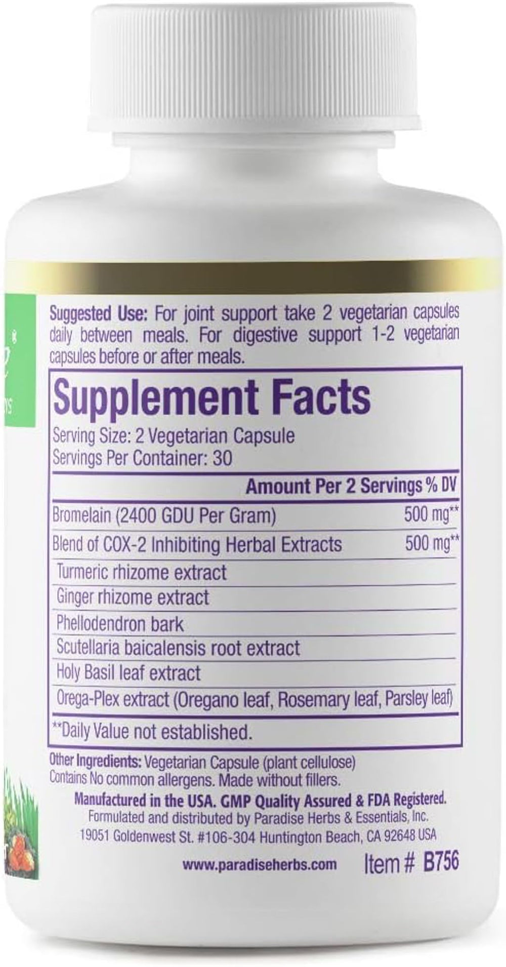 Paradise Herbs Brom-E-Mend label closeup highlights turmeric and ginger blend benefits.
