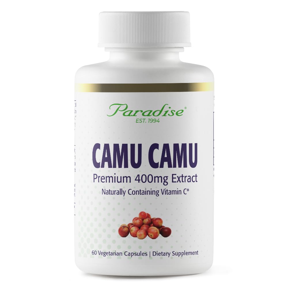 Paradise Herbs Camu Camu extract bottle showing vitamin C rich daily support.