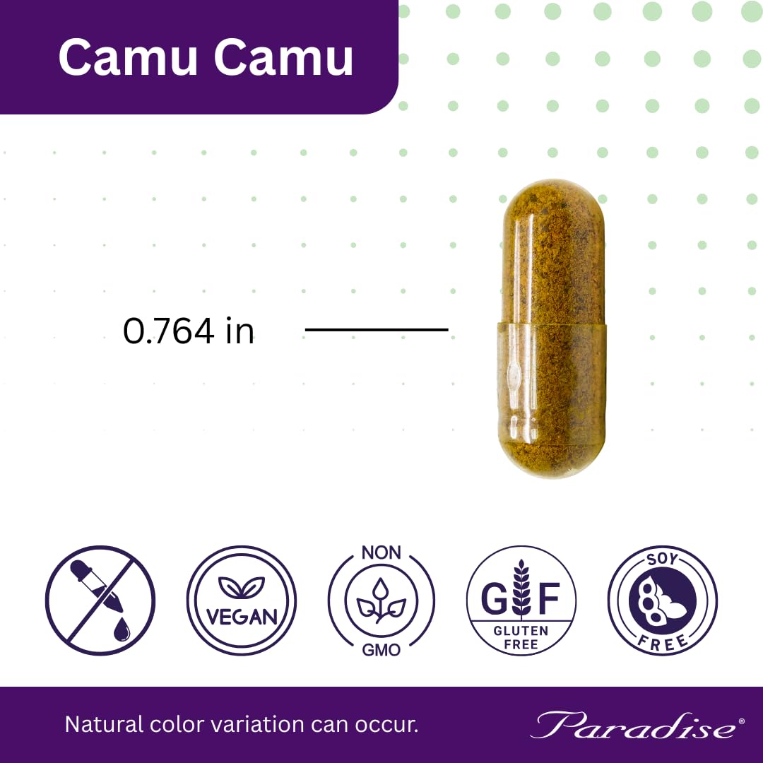 Paradise Herbs Camu Camu extract dried fruit pieces illustration for natural vitamin source.