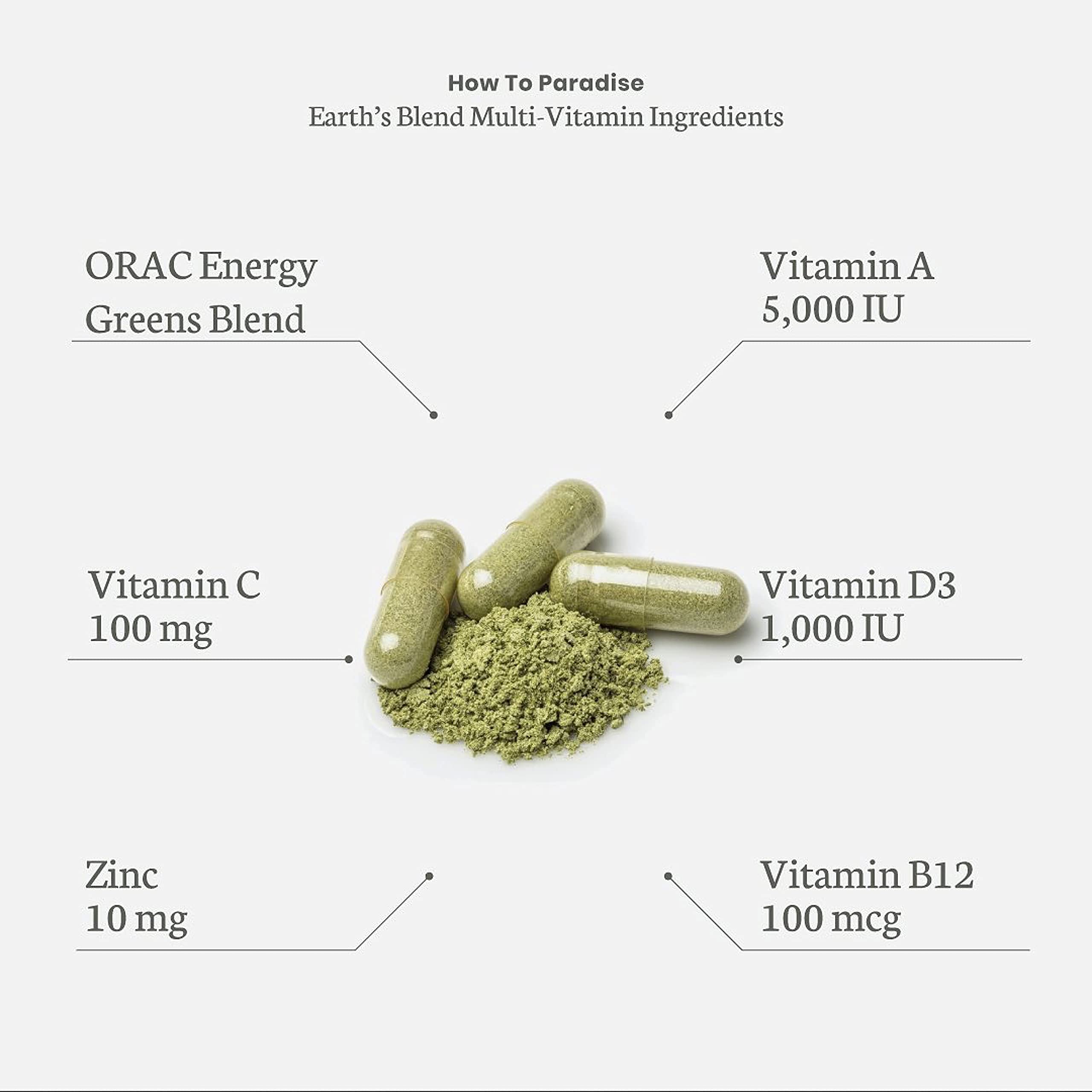 Paradise Herbs Earth's Blend back-of-label view with vitamin and probiotic blend.