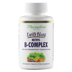 Paradise Herbs Earths Blend B-Complex bottle front emphasizes premium packaging and energy support