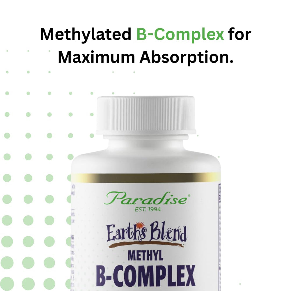 Paradise Herbs Earths Blend B-Complex bottle with glass conveys real daily wellness use