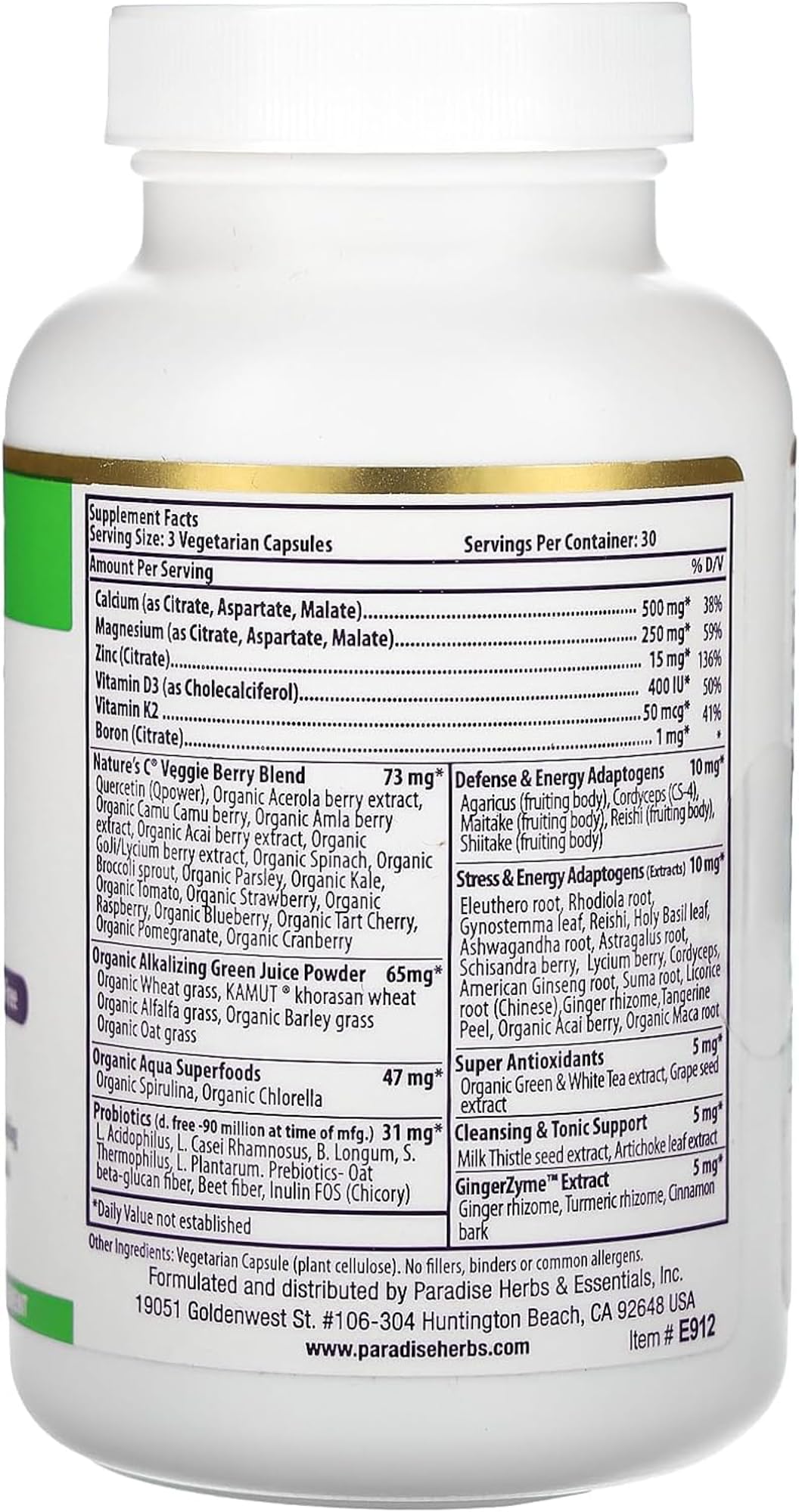 Closeup of Paradise Herbs Earth's Blend label, vegan minerals for daily wellness.