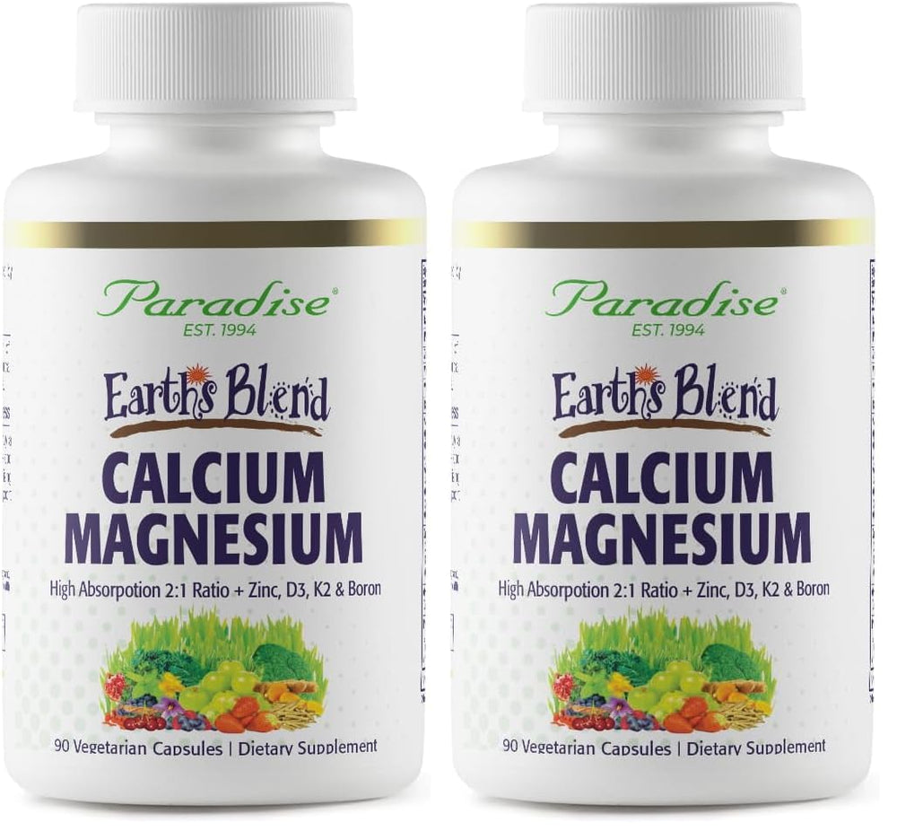 Paradise Herbs Earth's Blend bottle with capsules, calcium–magnesium–zinc D3 K2 boron for bone support.