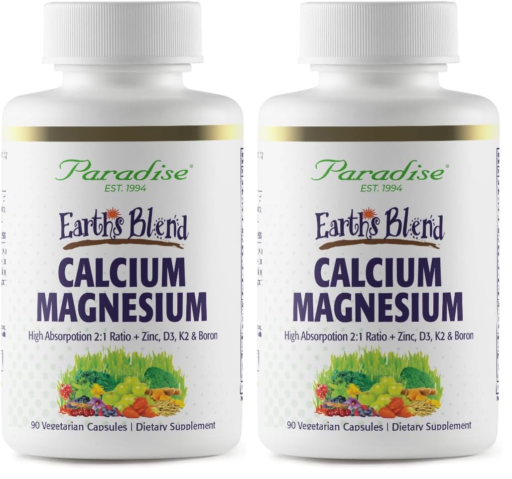 Paradise Herbs Earth's Blend bottle with capsules, calcium–magnesium–zinc D3 K2 boron for bone support.
