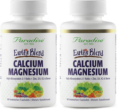 Paradise Herbs Earth's Blend bottle with capsules, calcium–magnesium–zinc D3 K2 boron for bone support.