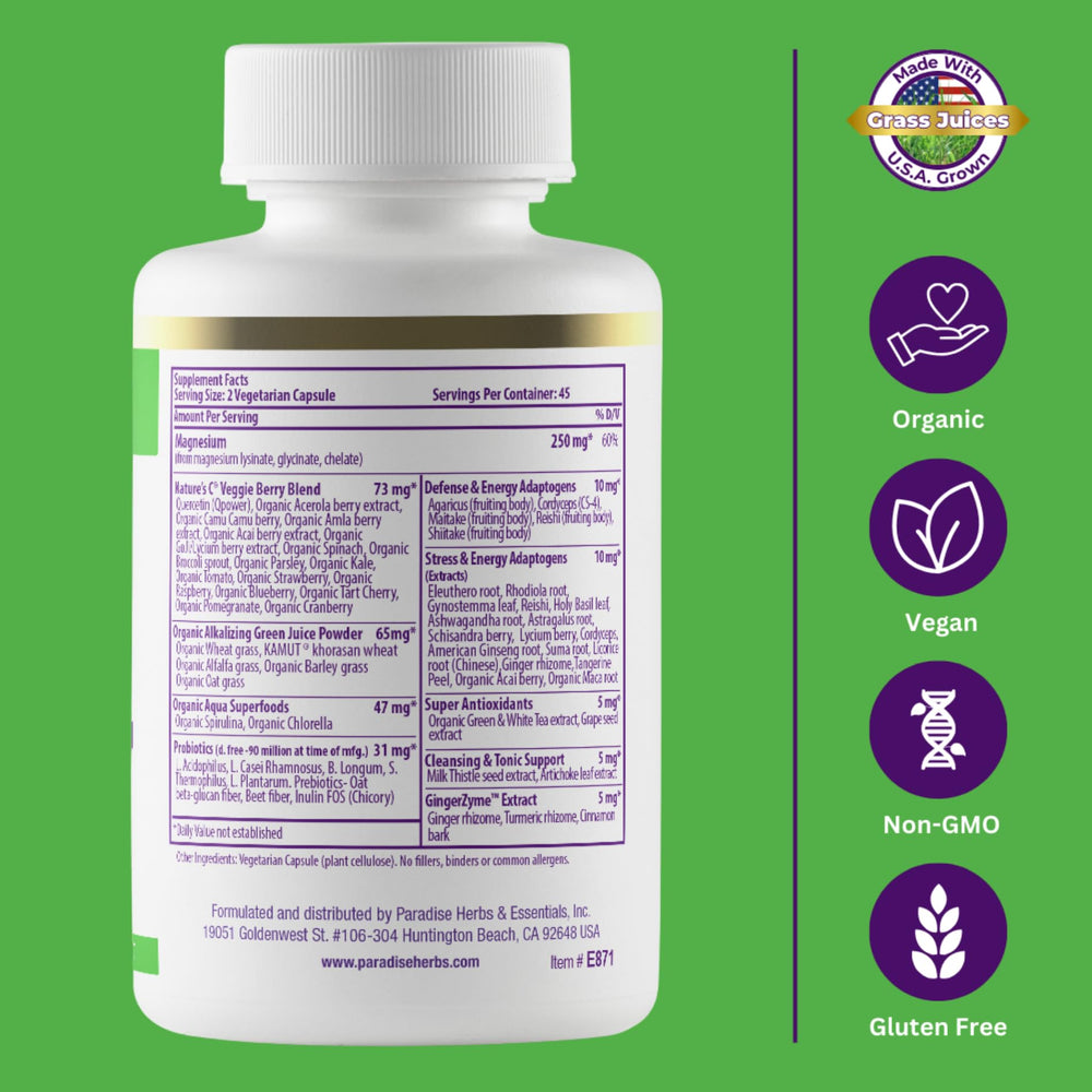 Paradise Herbs Earth's Blend Magnesium label with gluten-free and keto-friendly notes.