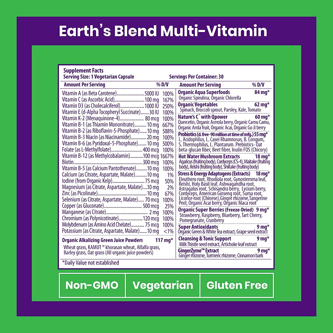 Paradise Herbs Earth's Blend superfoods-ingredient image showcasing organic fruits and vegetables.