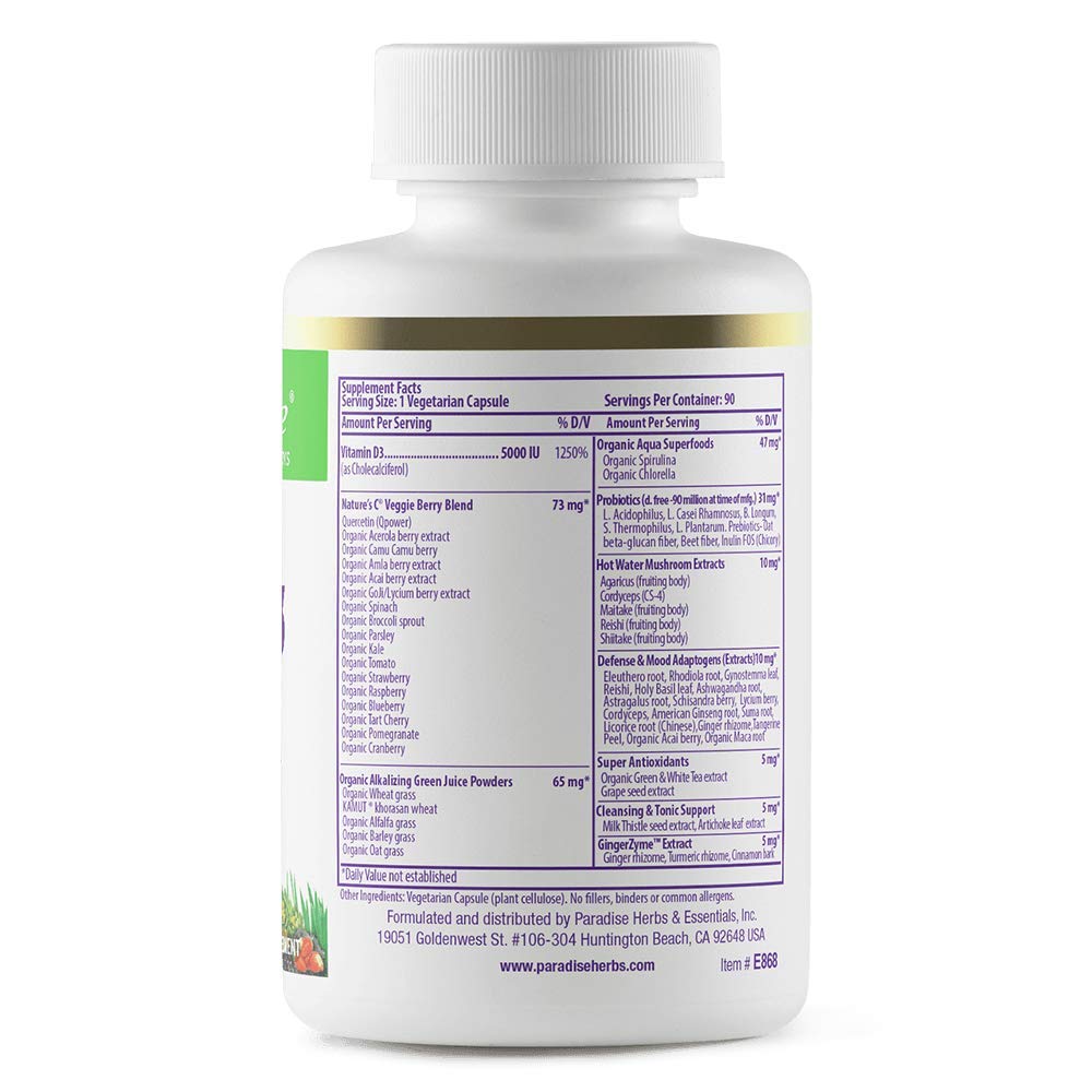 Paradise Herbs Earth's Blend probiotics greens label highlights organic ingredients