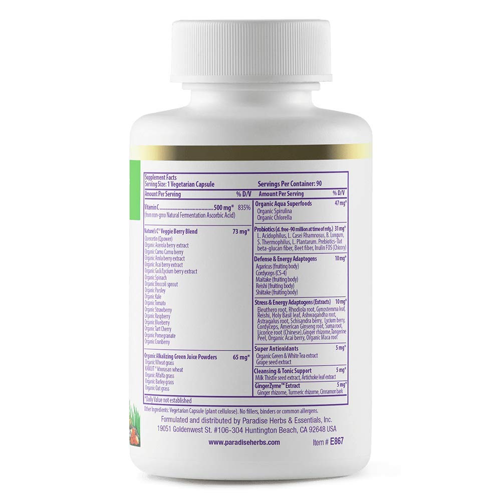 Paradise Herbs Earths Blend Vitamin C label close up with ORAC greens