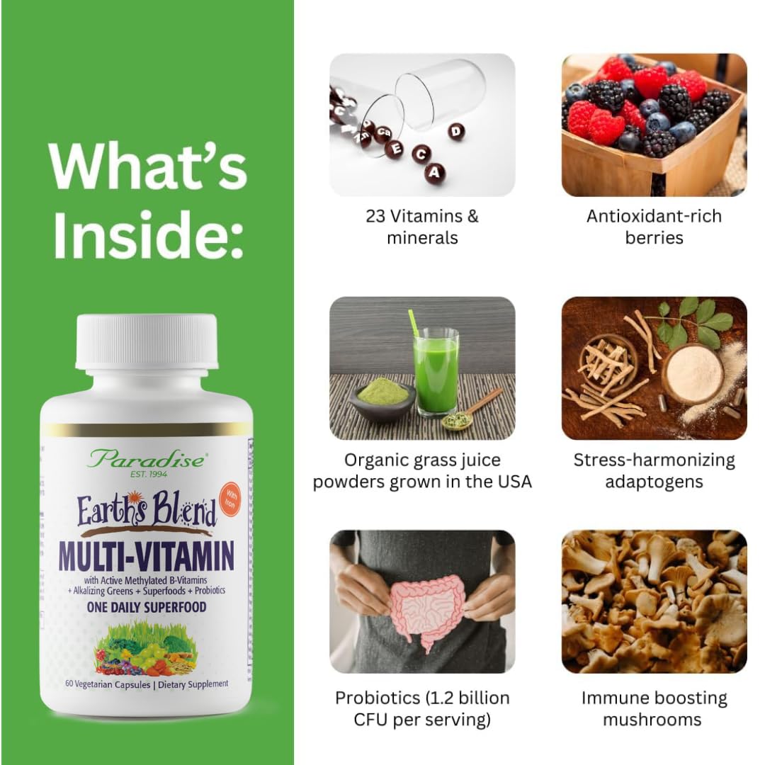 Close-up of Earth's Blend capsule highlighting methylated vitamins for better absorption