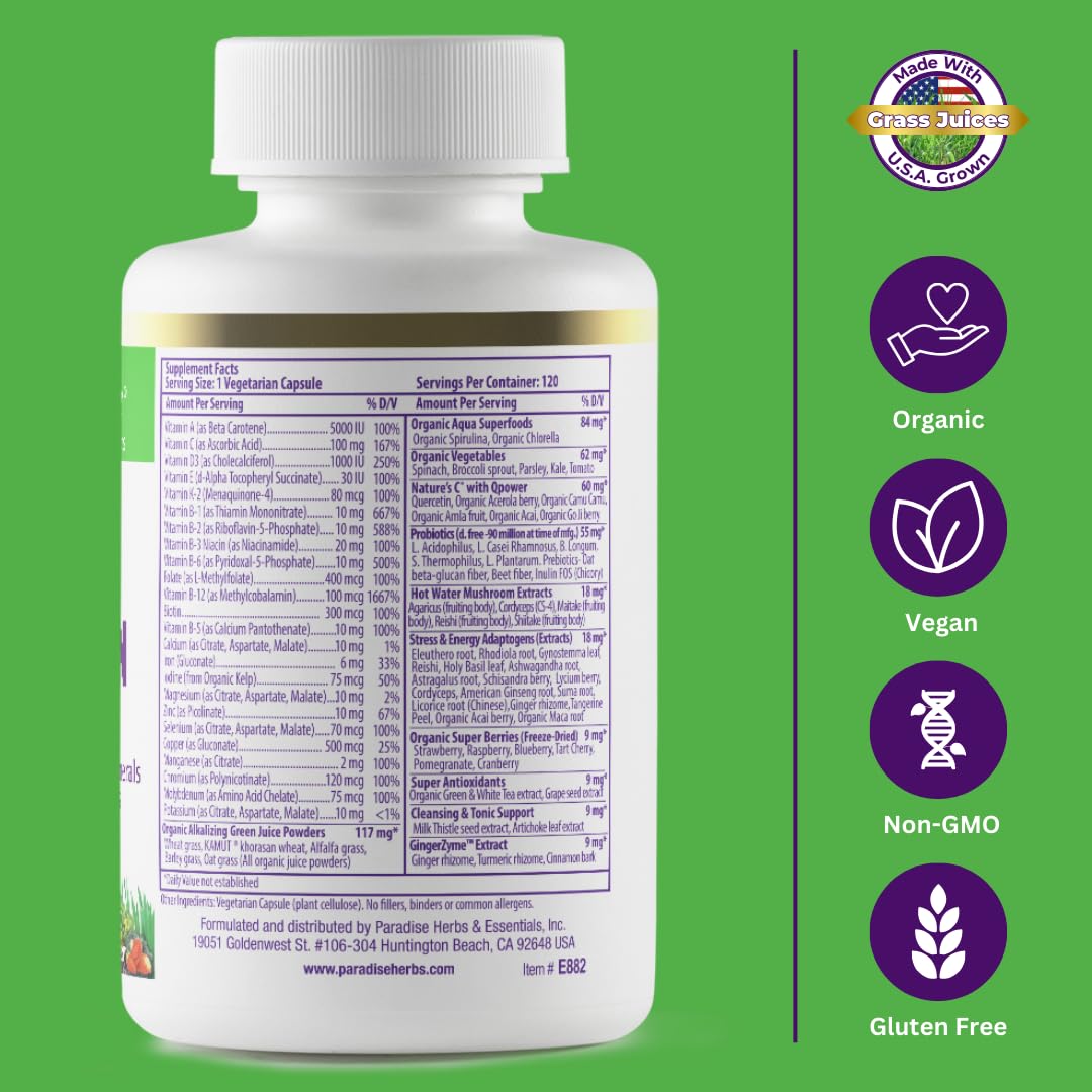 Paradise Herbs Earth's Blend bottle on kitchen counter conveys daily wellness routine.