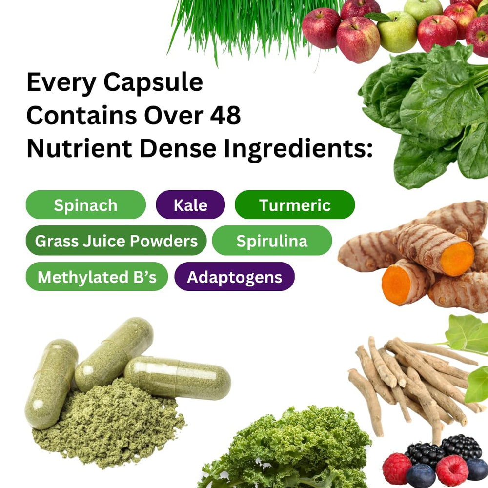 Paradise Herbs Earth's Blend capsules close-up highlights enzymes active vitamins for absorption.
