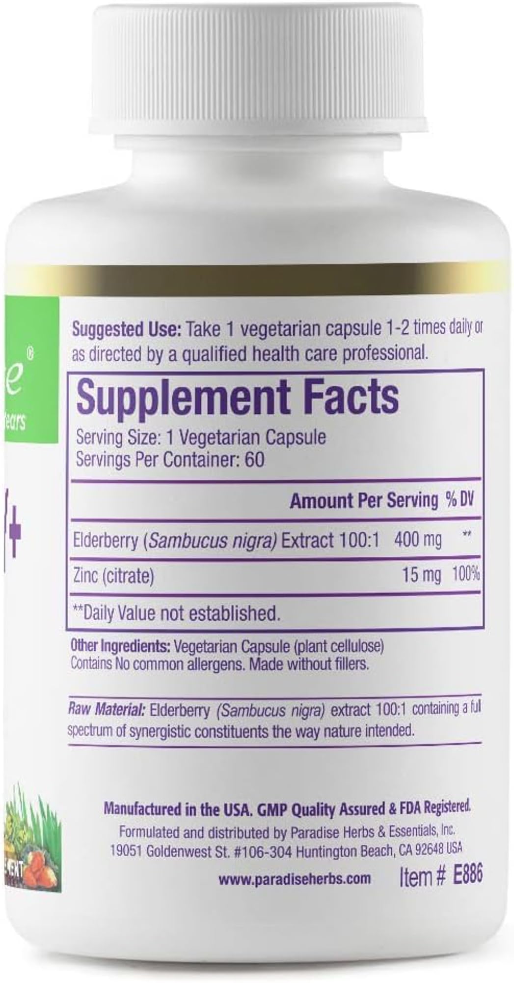 Paradise Herbs Elderberry with Zinc capsules showing 60 veggie capsules for daily immune support