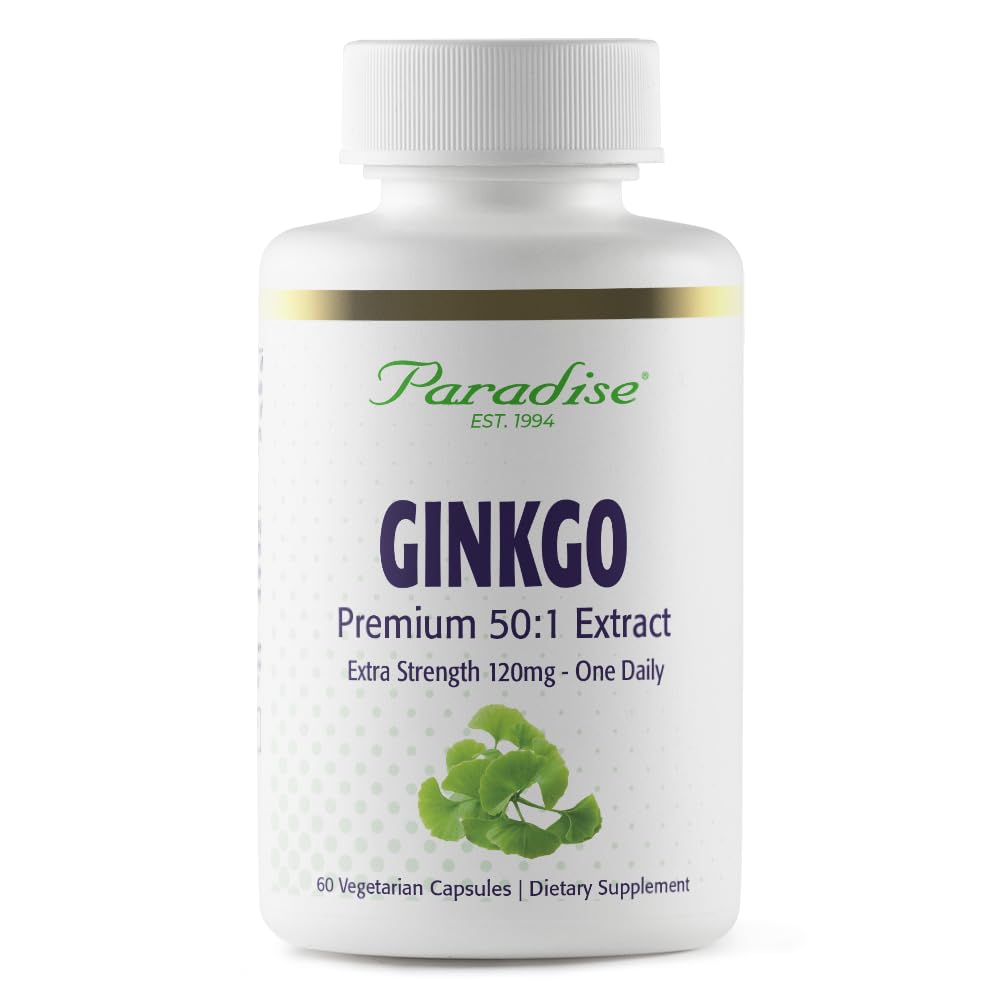 Paradise Herbs Ginkgo Biloba Extract bottle pour highlighting focus support.