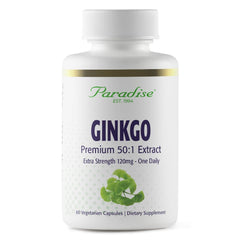 Paradise Herbs Ginkgo Biloba Extract bottle pour highlighting focus support.