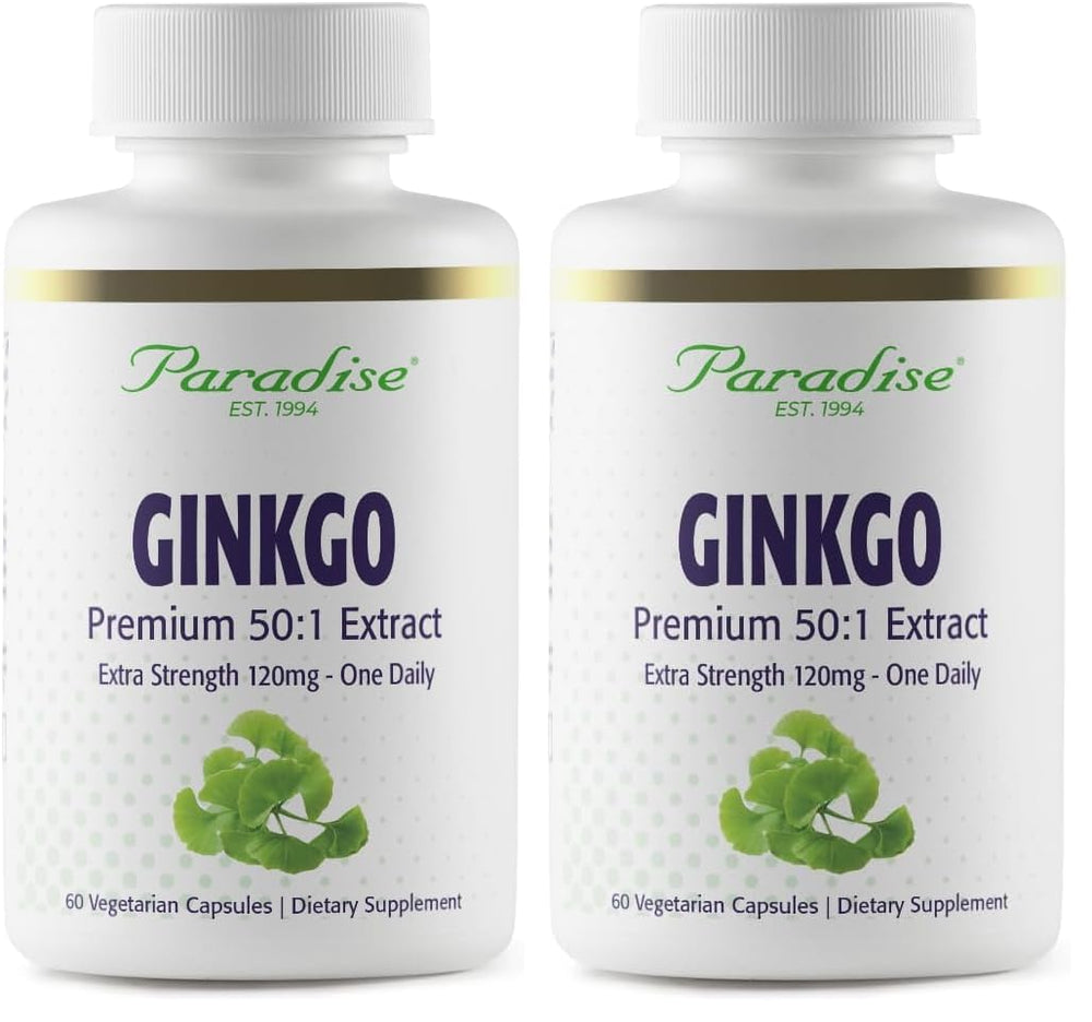 Paradise Herbs Ginkgo Biloba extract bottle showing capsules for daily focus support