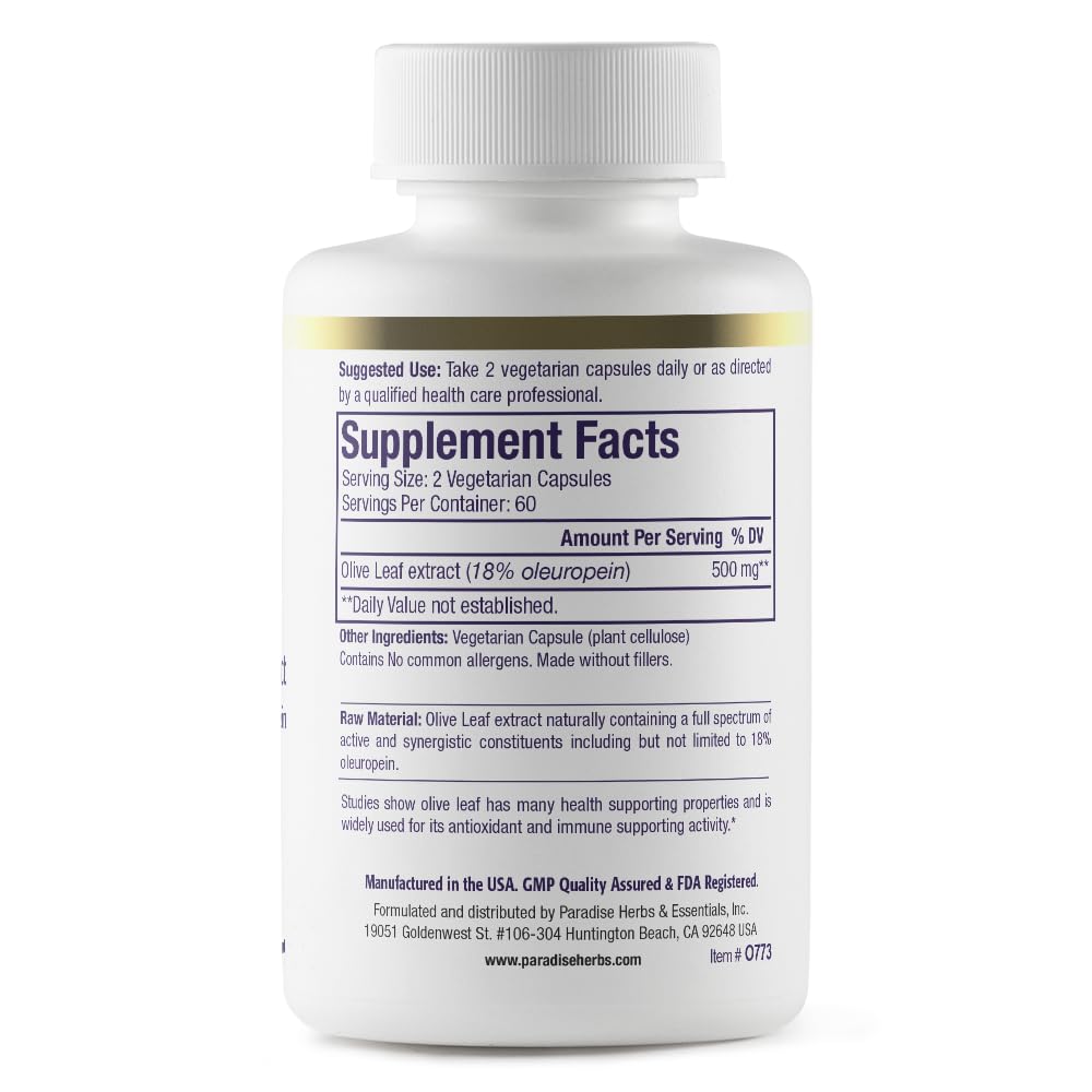 Paradise Herbs Olive Leaf Extract capsules close-up, vegan and gluten-free for convenient daily use