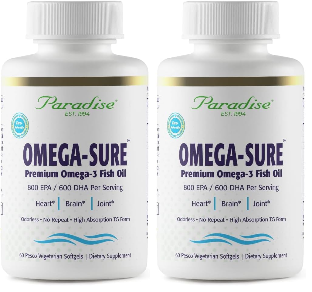 Paradise Herbs Omega-Sure bottle showing ultra-pure omega-3 concentrate for heart health support.