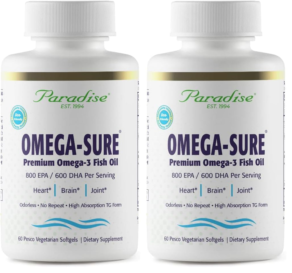 Paradise Herbs Omega-Sure bottle showing ultra-pure omega-3 concentrate for heart health support.