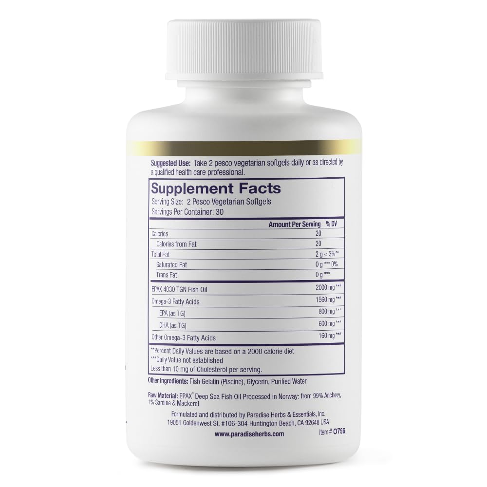 Paradise Herbs Omega-Sure softgels on tray illustrating easy daily use and overall well-being.