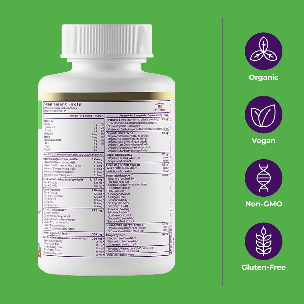 Paradise Herbs ORAC Energy capsules ingredients blend highlighting 42+ organic ingredients.