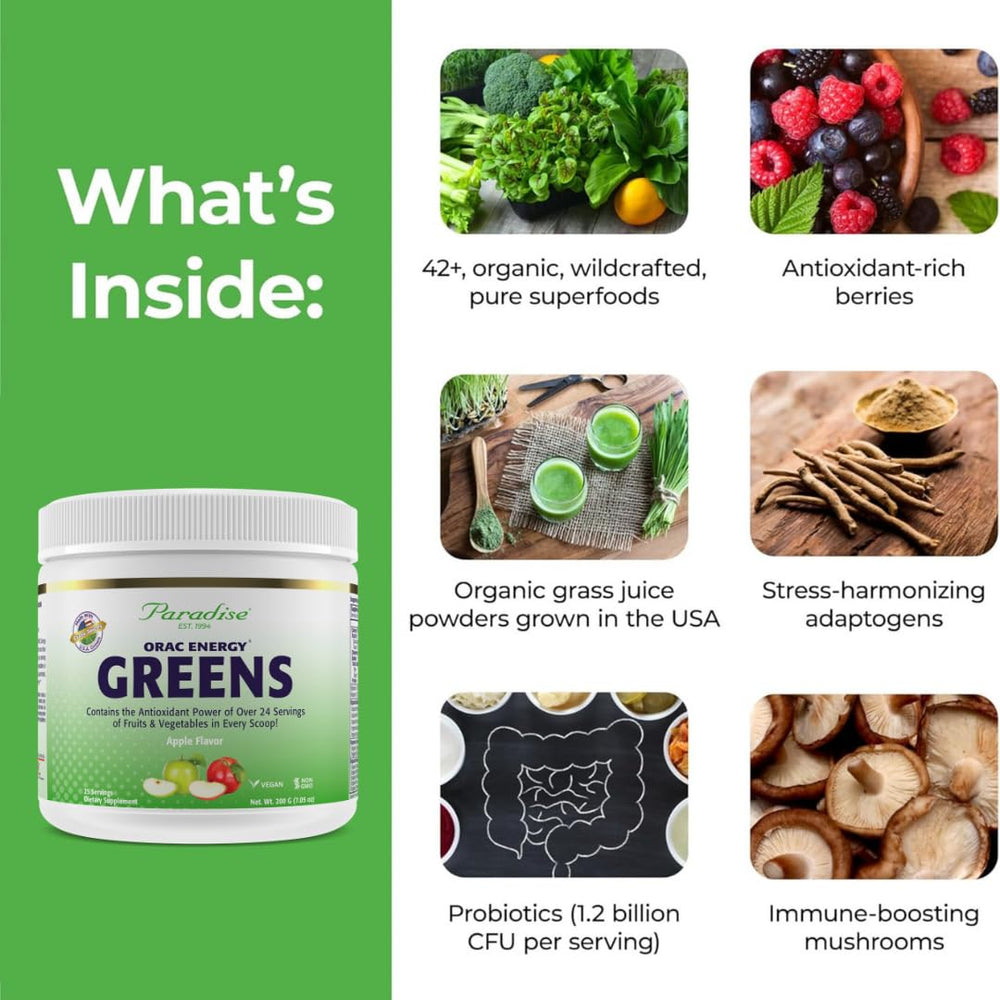 Paradise Herbs ORAC Energy Greens apple flavor mixed with water for a tasty daily greens.