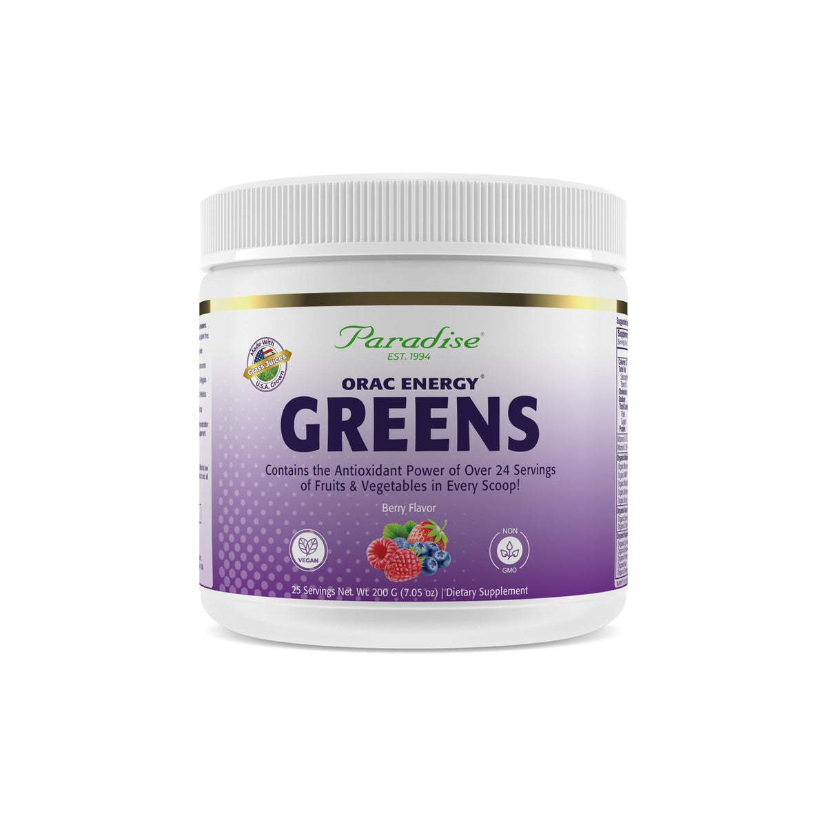 Paradise Herbs ORAC Energy Greens berry bottle highlighting berry flavor and antioxidant blend