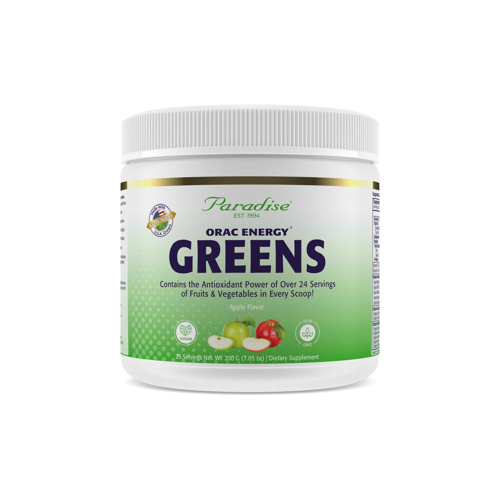 Paradise Herbs ORAC Energy Greens bottle showing a vibrant antioxidant blend for daily wellness.