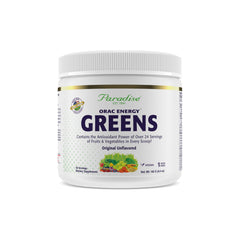 Paradise Herbs ORAC Energy Greens bottle showcases a nutrient-dense greens blend for daily vitality.