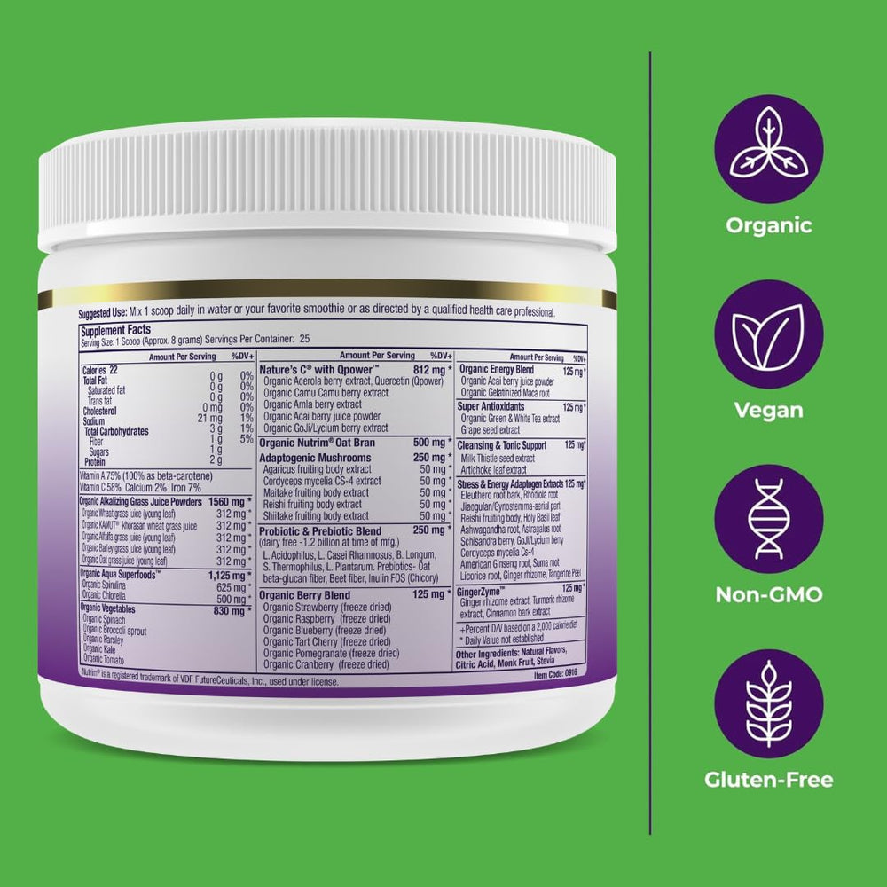 Paradise Herbs ORAC Energy Greens ingredients list with cup, nutrient-dense daily mix