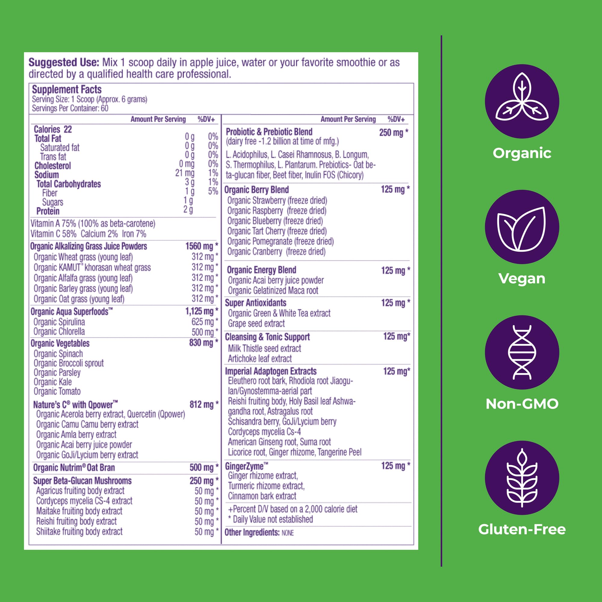 Bottle label shows non-GMO and gluten-free claim for Paradise Herbs ORAC Energy Greens