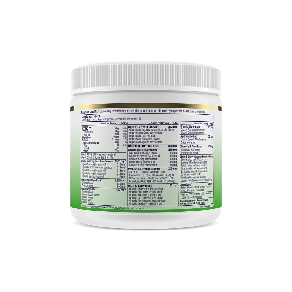 Paradise Herbs ORAC Energy Greens packaging shows 25 servings and gluten-free formula.