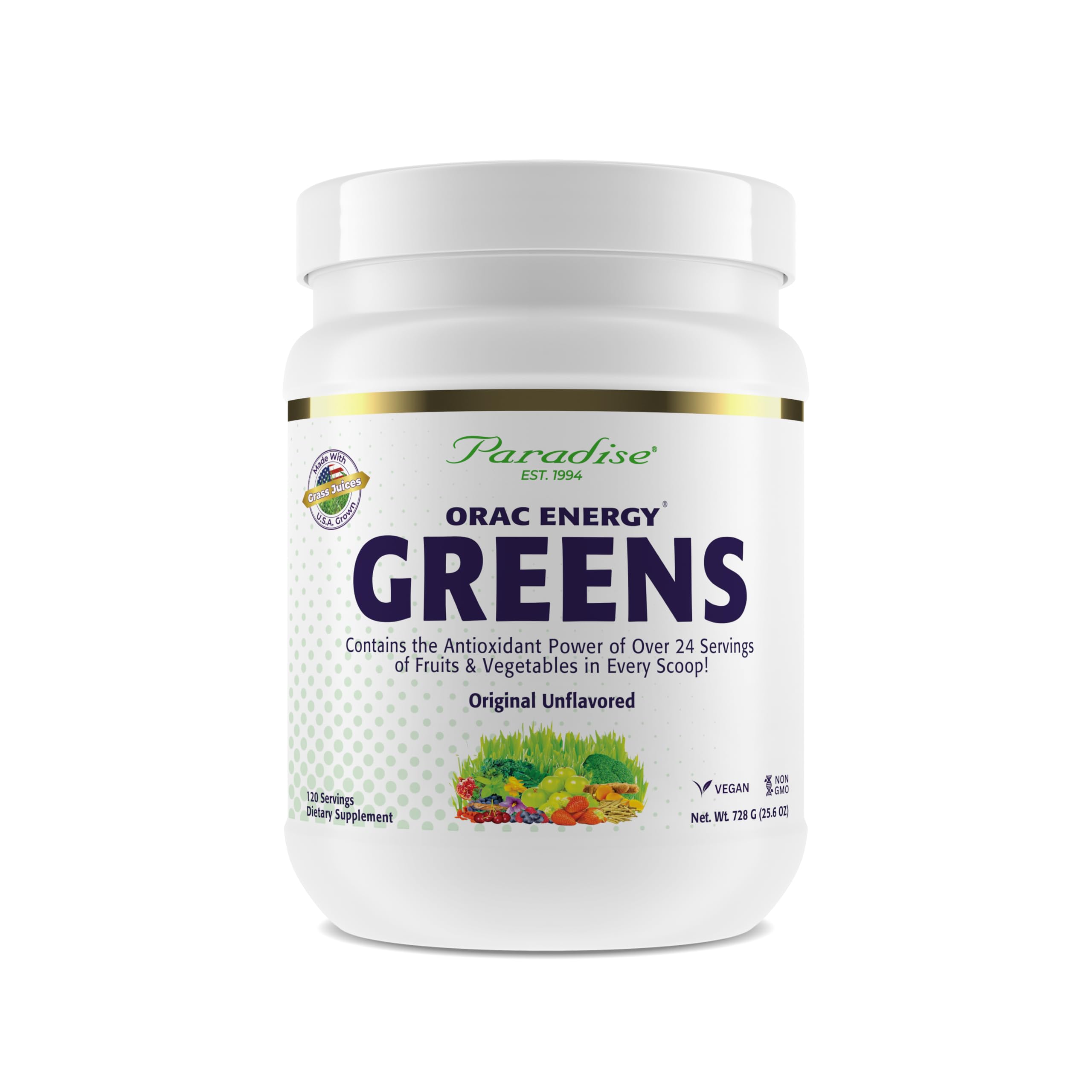 Paradise Herbs ORAC Energy Greens bottle on countertop highlighting antioxidant blend for daily wellness.
