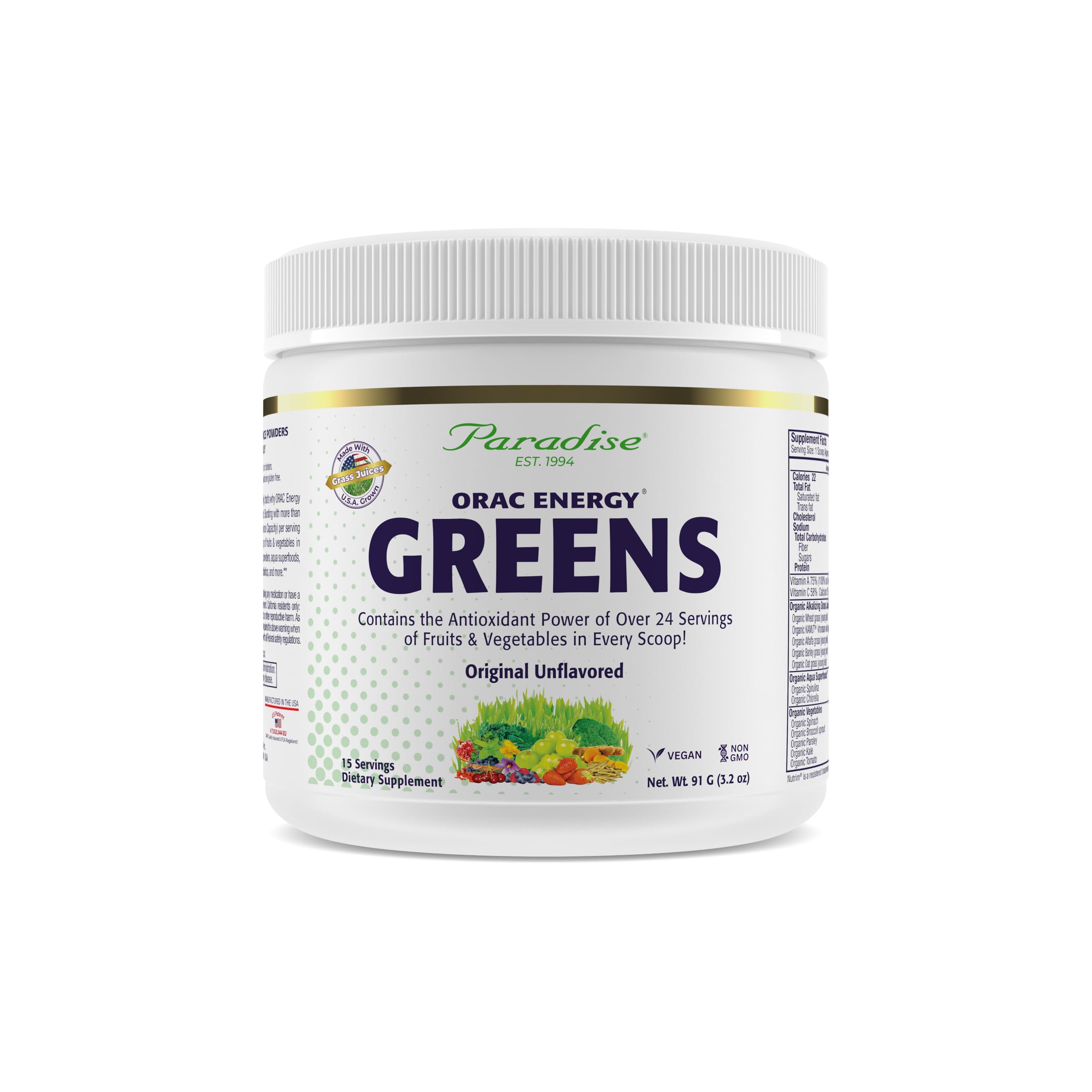 Paradise Herbs ORAC Energy Greens scoop, daily serving for antioxidant power.