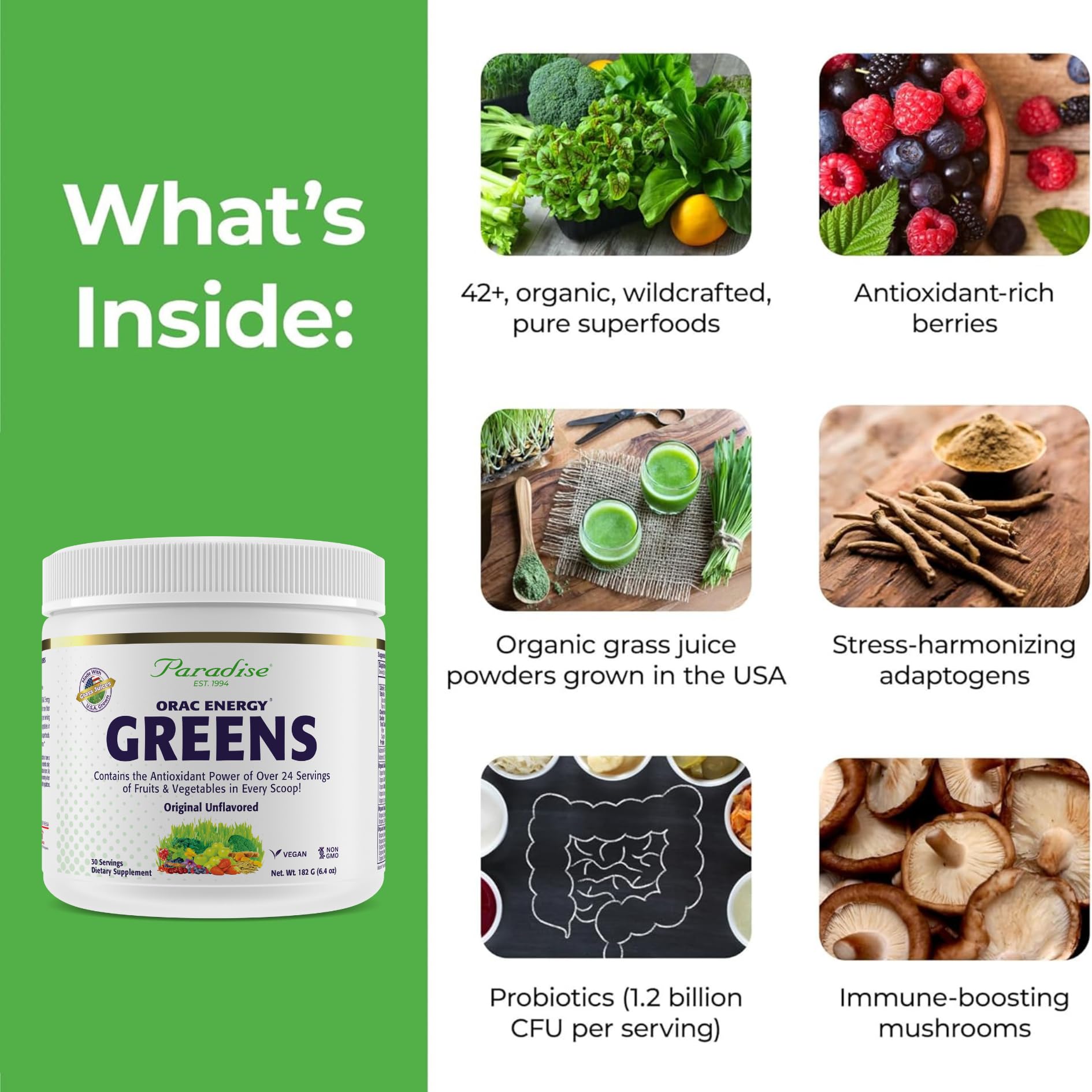 Paradise Herbs ORAC Energy Greens spirulina-chlorella close-up highlights powerhouse greens ingredients.