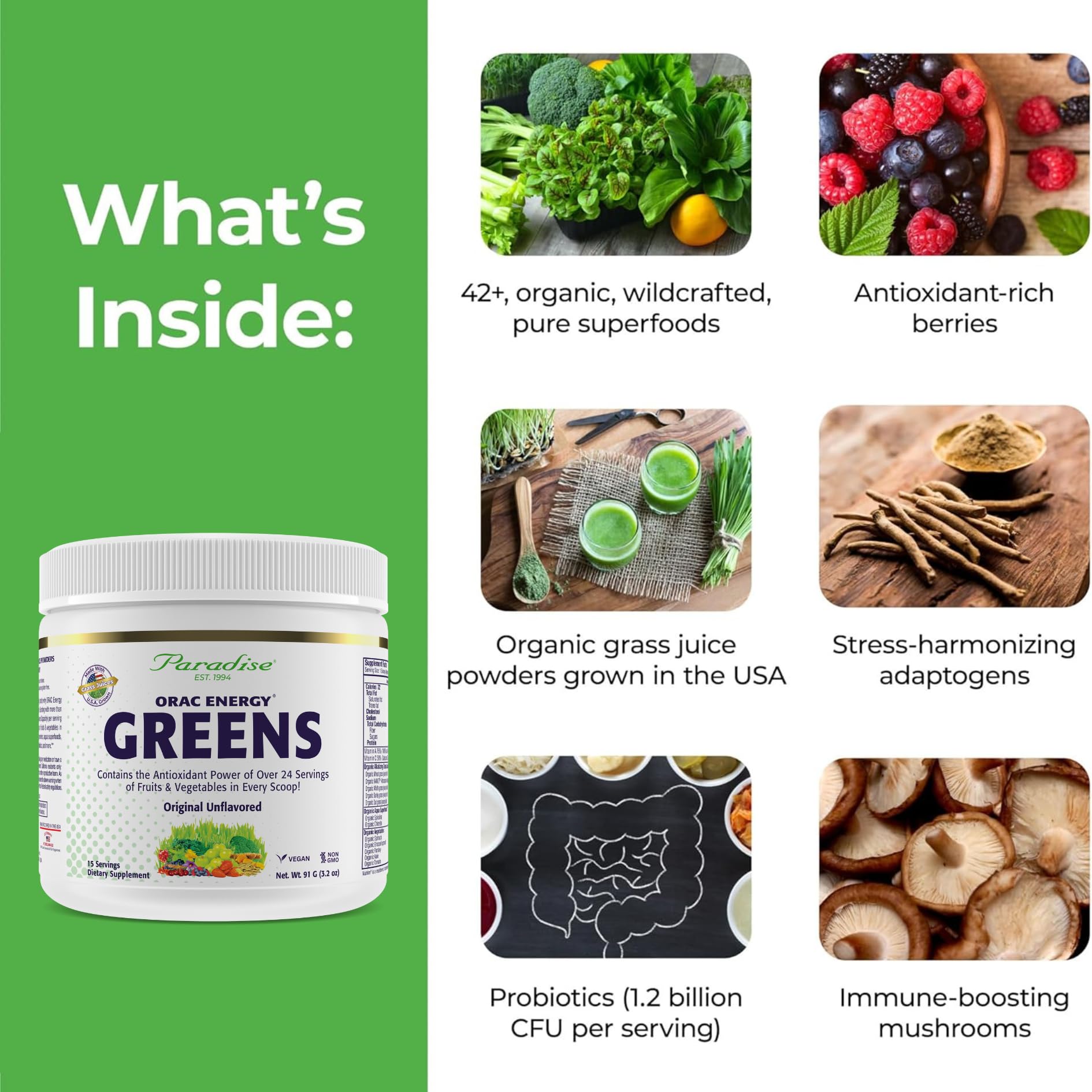 Paradise Herbs ORAC Energy Greens ingredients highlighting spirulina and chlorella.