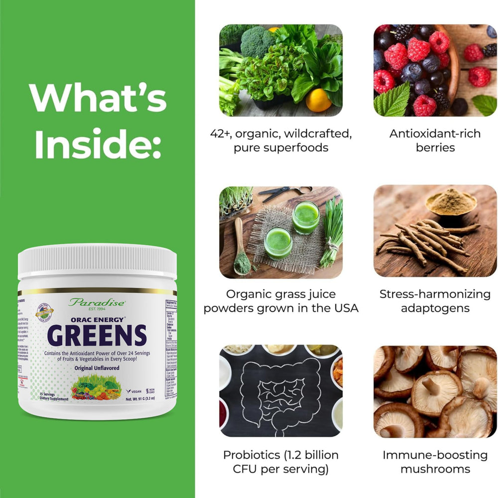 Paradise Herbs ORAC Energy Greens ingredients highlighting spirulina and chlorella.