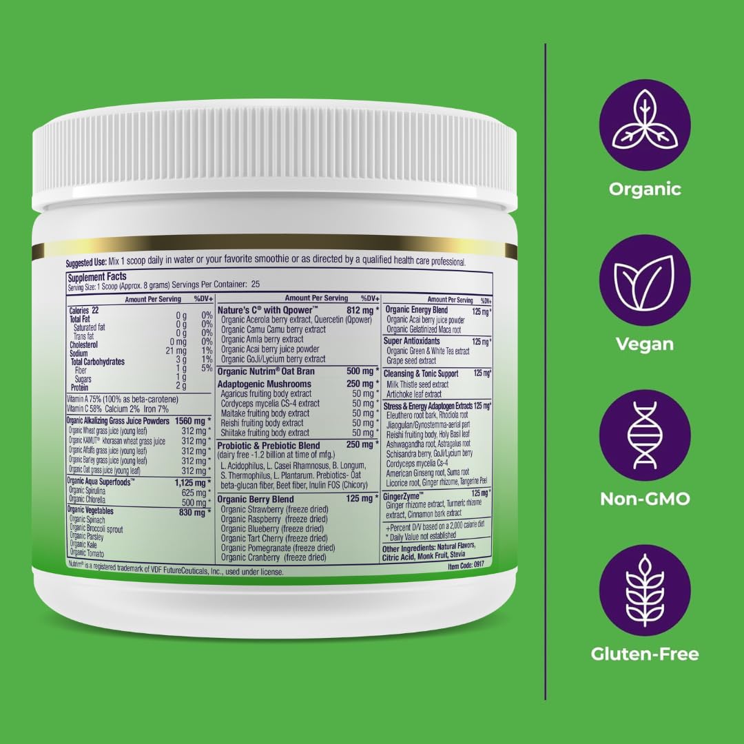 Paradise Herbs ORAC Energy Greens spirulina and chlorella visual emphasizing nutrient-dense greens.