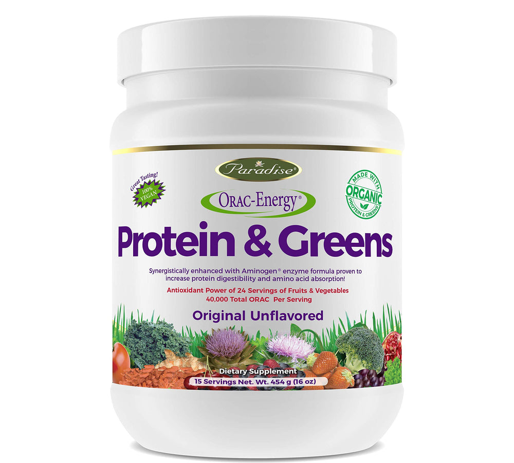 Paradise Herbs Orac Energy, Protein & Greens bottle front—high-protein daily vitality support