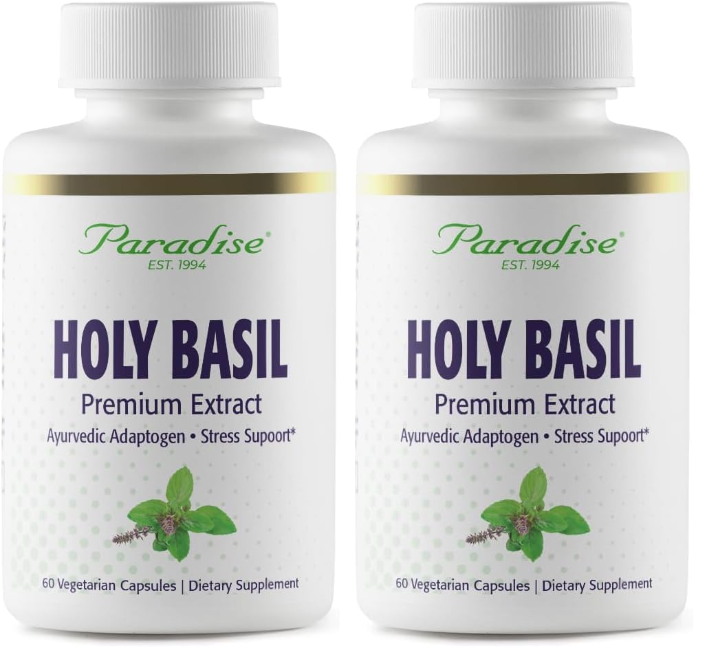Paradise Herbs Holy Basil supplement bottle with organic full-spectrum extract for daily wellness support.