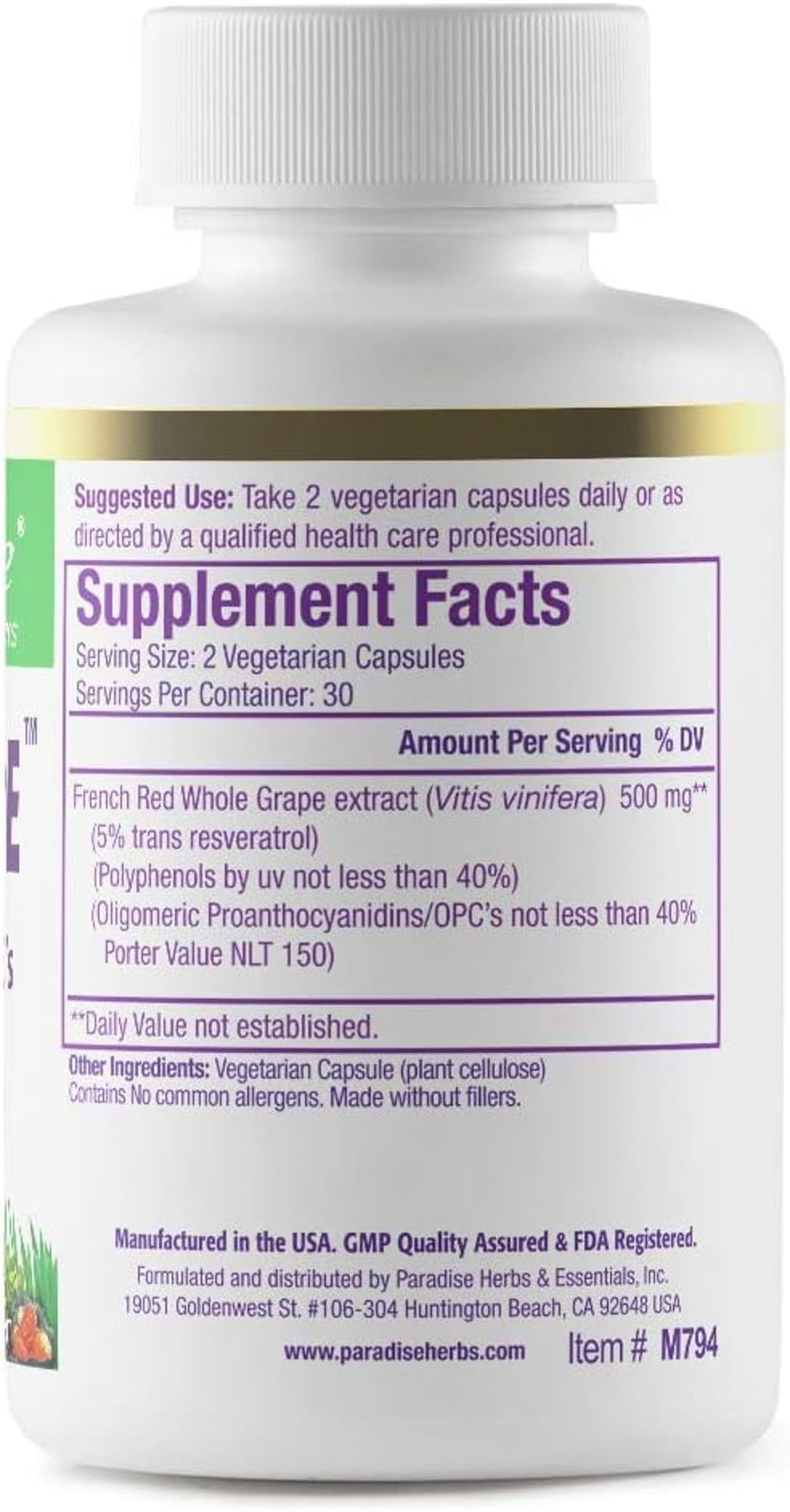 Paradise Herbs Resveragrape capsules may support wellness with gluten-free, non-GMO ingredients.