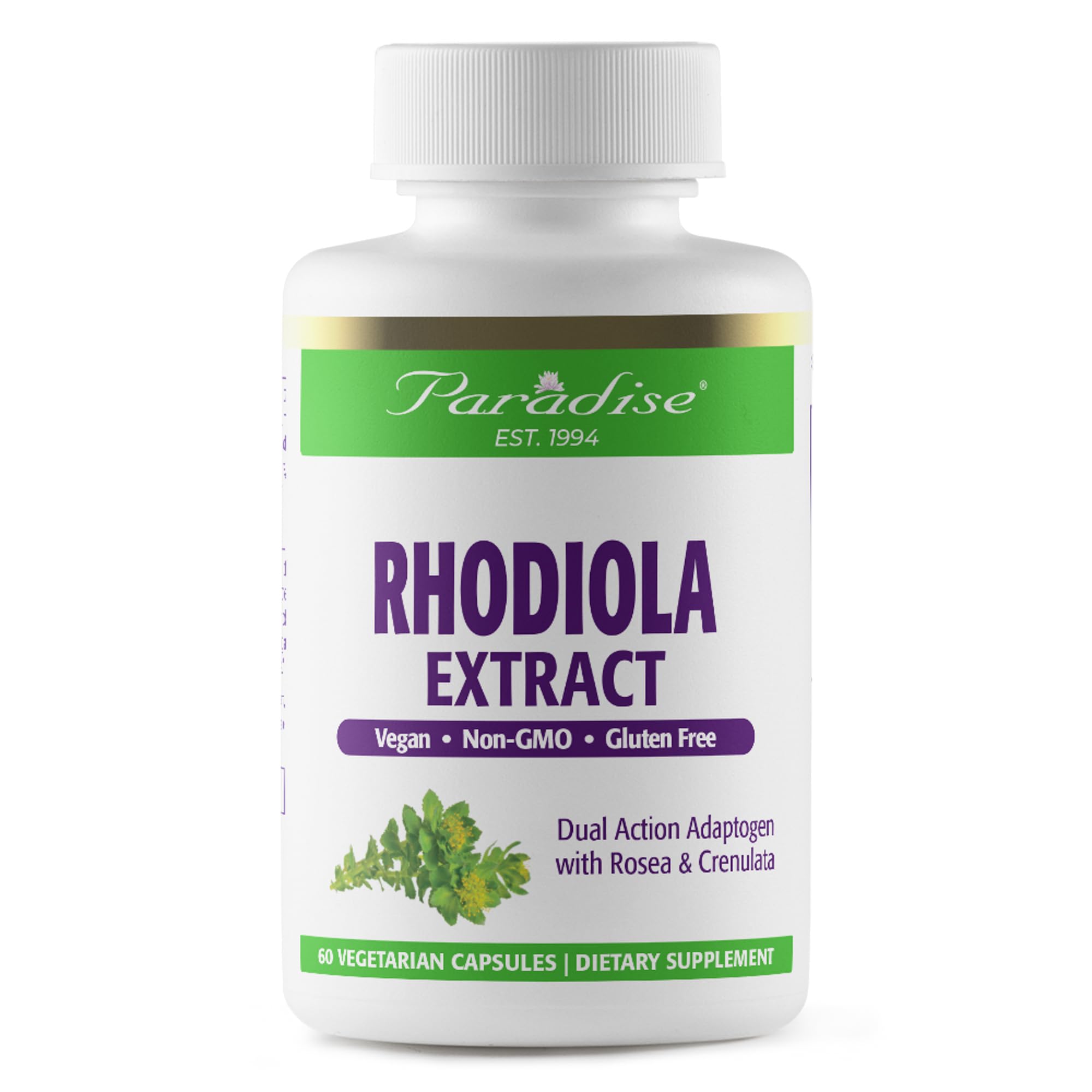 Paradise Herbs Rhodiola 500mg bottle for daily energy support.
