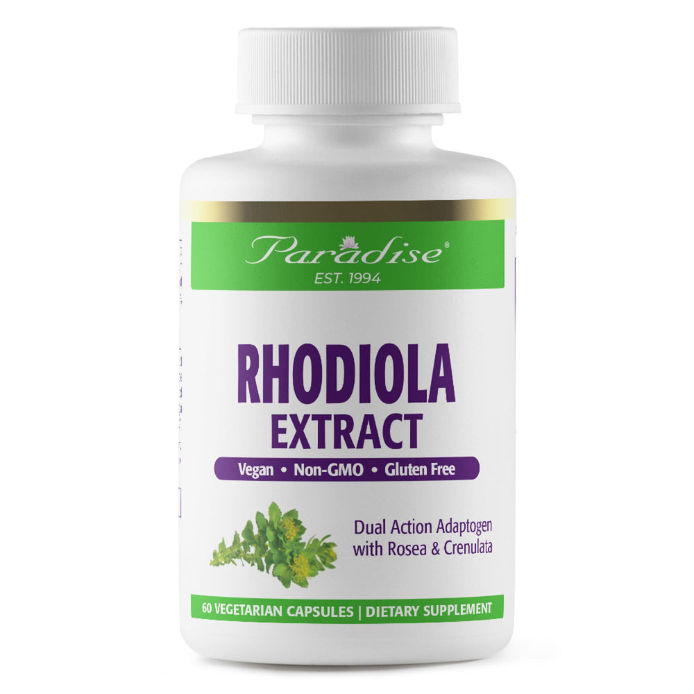 Paradise Herbs Rhodiola 500mg bottle for daily energy support.