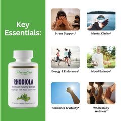 Rhodiola capsules close-up show vegan, non-GMO formulation.