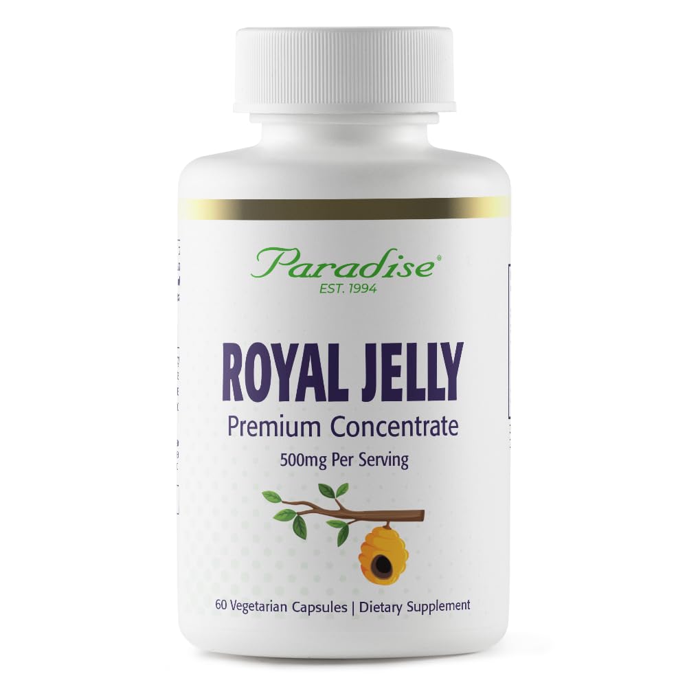 Paradise Herbs Royal Jelly Golden Emperor bottle shows vegan, gluten-free capsules for daily wellness