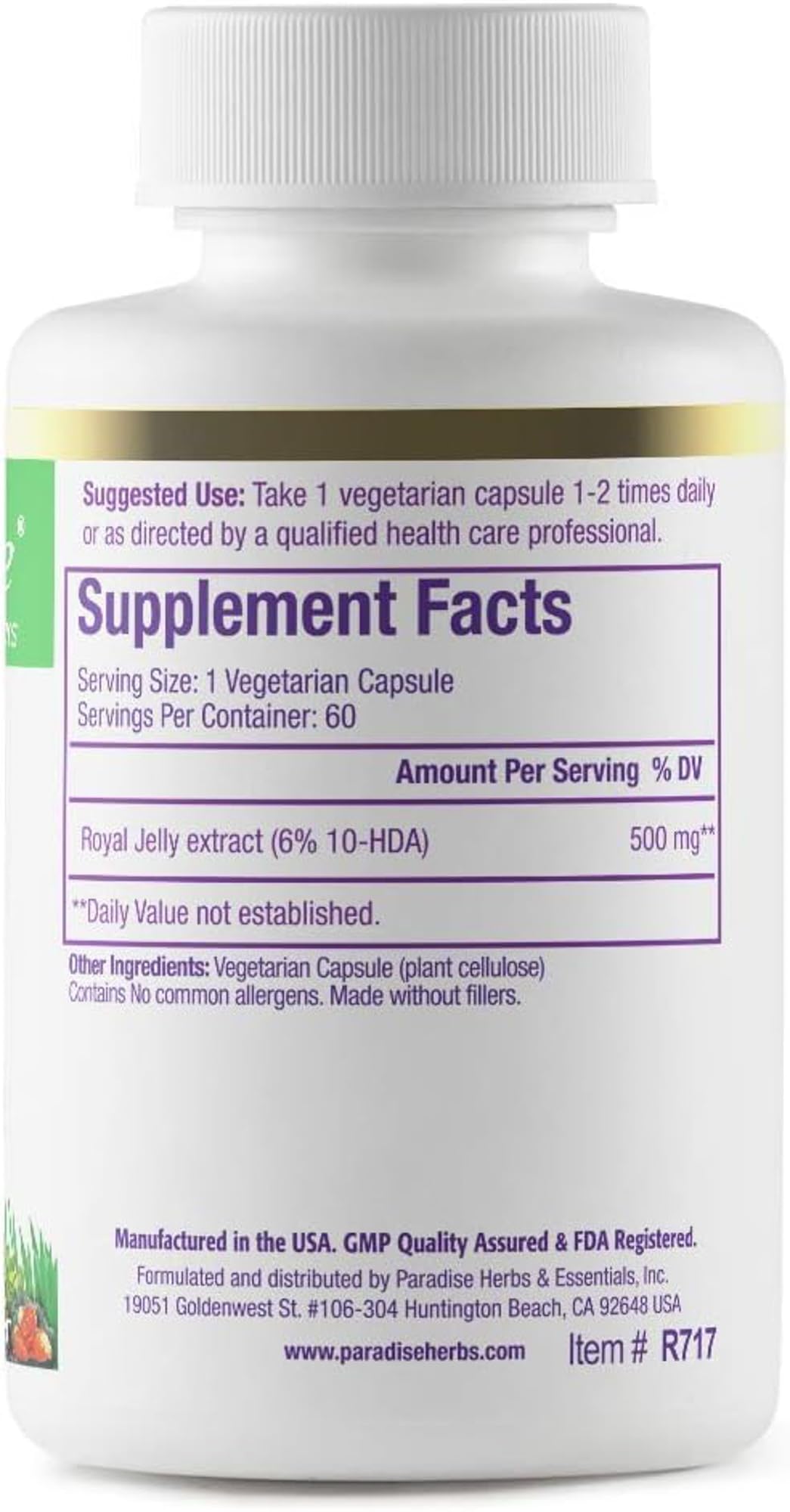 Paradise Herbs Royal Jelly capsules closeup highlights easy-to-swallow vegan capsules for daily use
