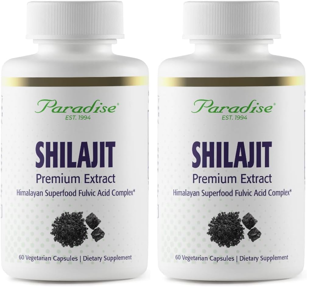 Paradise Herbs Shilajit Extract bottle shown, highlighting vegan and keto-friendly formula for daily use.