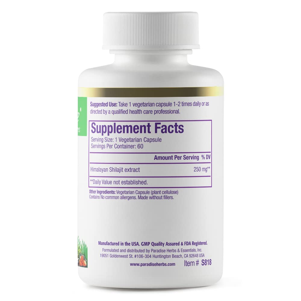 Paradise Herbs Shilajit Extract capsules arranged, showcasing convenient daily dosing and purity.