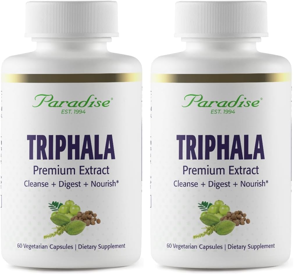 Paradise Herbs Triphala Extract bottle shows vegan, gluten-free formula for daily support